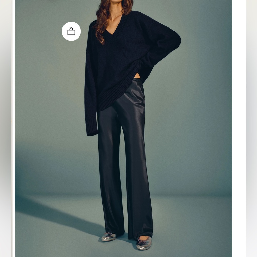 new Reformation Gale Satin wide leg pants in midnight navy blue
